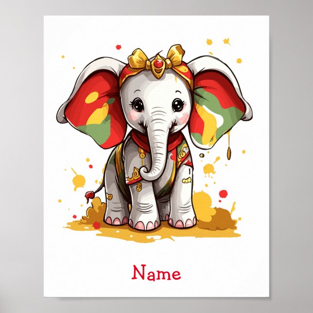 Poster Nome Personalizado do Elefante para Bebê Cujo Nome (Frente)
