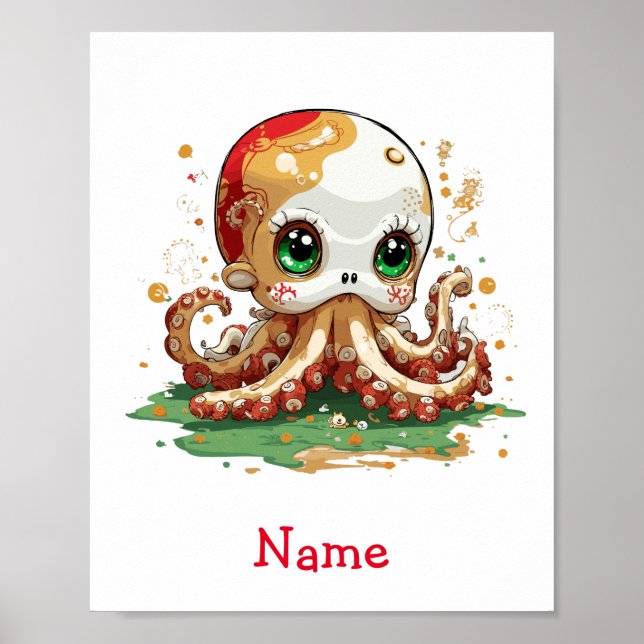 Poster Nome Personalizado do Octopus de Bebê Cugado (Frente)