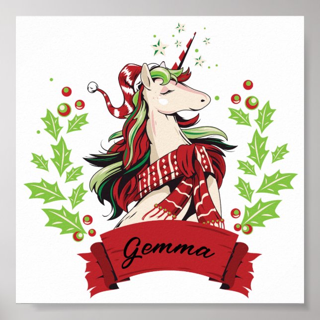 Poster Nome Personalizado do Unicorn de Natal Bonito (Frente)