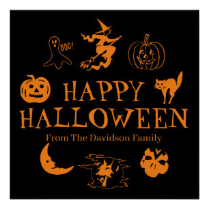 Pôster Nome personalizado Feliz Halloween - laranja preto