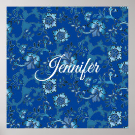 Poster Nome Personalizado Floral Azul Elegante para Calig