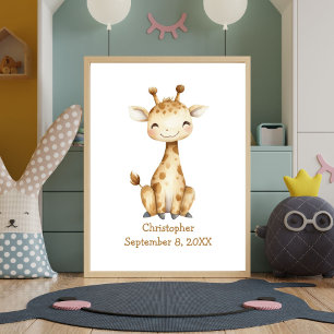 Poster Nome Personalizado Girafa de Aniversário Berçário