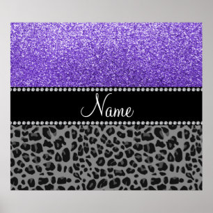 Pôster Nome personalizado leopardo preto brilhante roxo