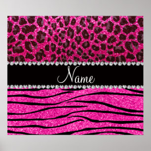 Pôster Nome personalizado neon hot pink zebra stripes leo