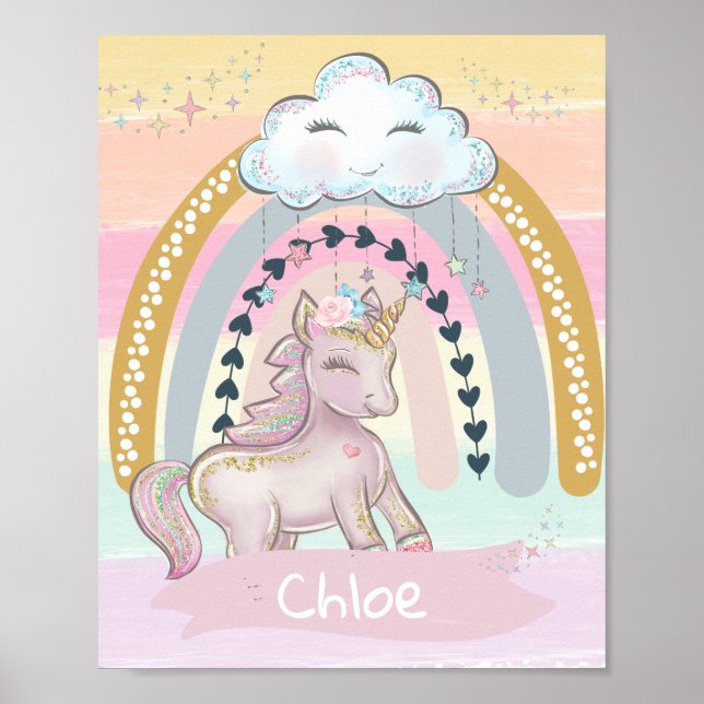 Poster Nome Personalizado 🦄 Rainbow Unicorn Girl (Frente)