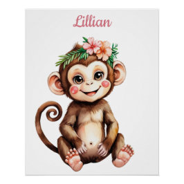 Pôster Nome Personalizado Safari Girl Nursery Baby Monkey