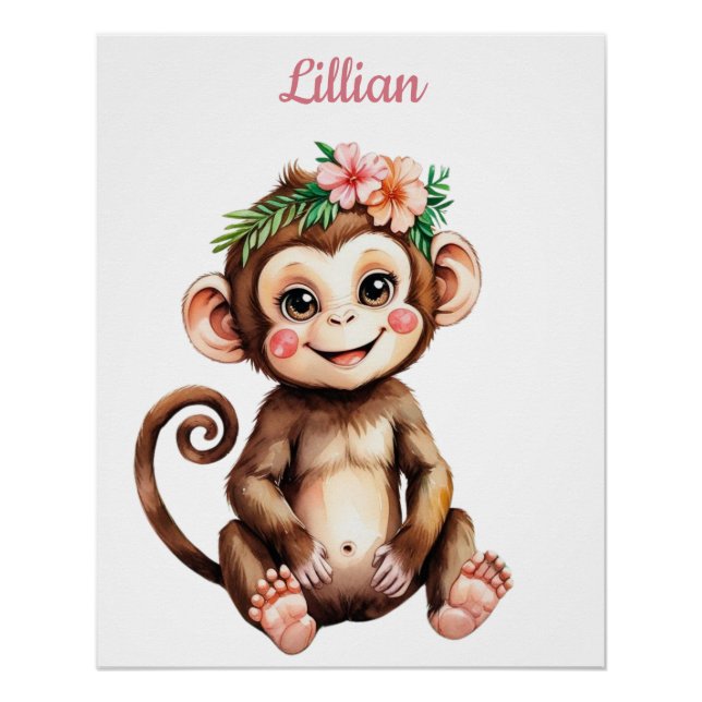 Pôster Nome Personalizado Safari Girl Nursery Baby Monkey (Frente)