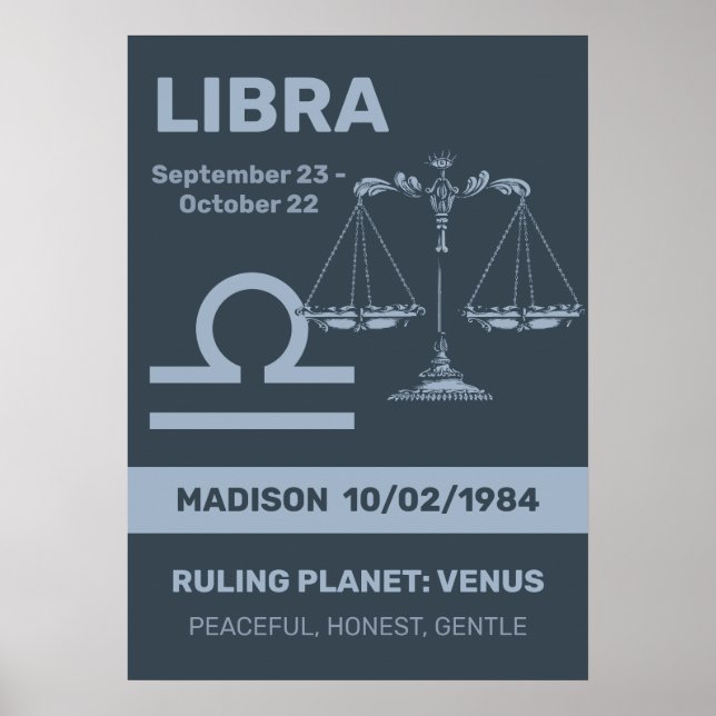 Poster Nome Personalizado / Texto Símbolo Zodíaco Libra (Frente)