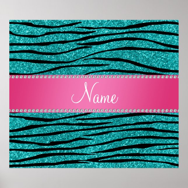 Poster Nome Turquoise glitter zebra listras cor-de-rosa (Frente)