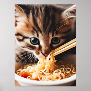Poster Noodles Adorable Kitten Comating Ramen