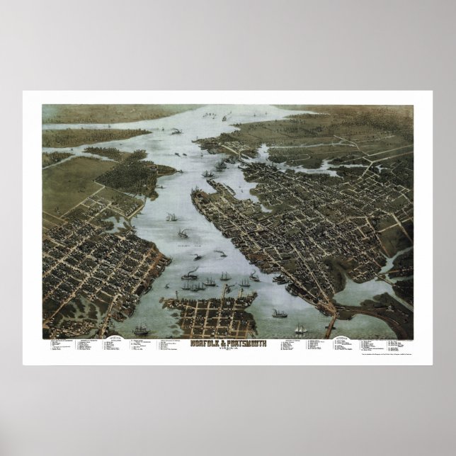 Poster Norfolk and Portsmouth, VA Panorâmica - 1873 (Frente)