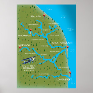 Poster Norfolk Broads England Map.