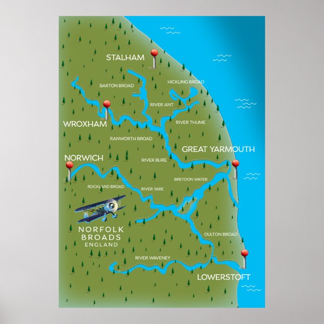 Poster Norfolk Broads England Map. (Frente)