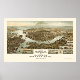 Pôster Norfolk, mapa panorâmico do VA - 1892