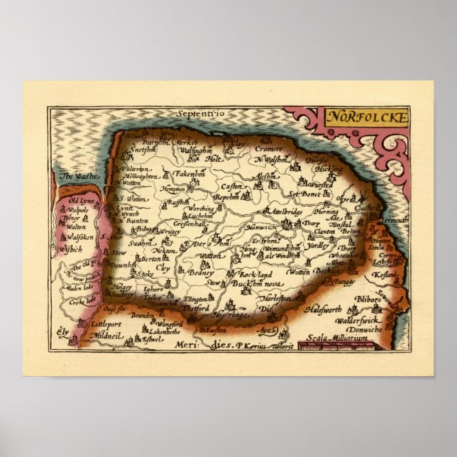 Poster Norfolk "Norfolcke" County England Antigo Mapa do  (Frente)