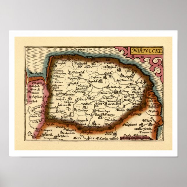Poster Norfolk "Norfolcke" County England Antigo Mapa do  (Frente)