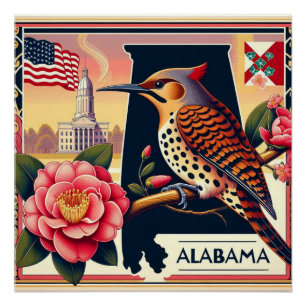 Pôster Norte do Alabama Flicker Bird & Camellia Flower