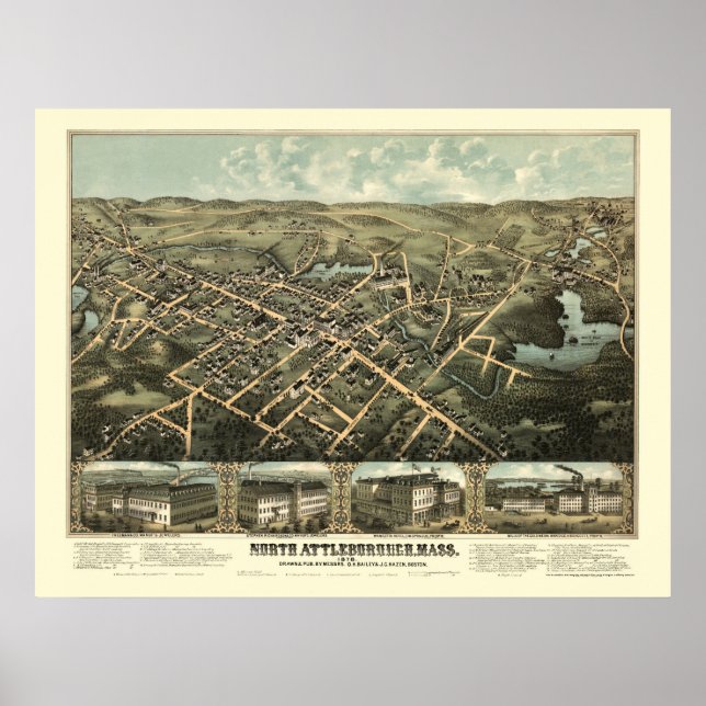 Poster North Attleboro, Mapa Panorâmico do MÃE - 1878 (Frente)