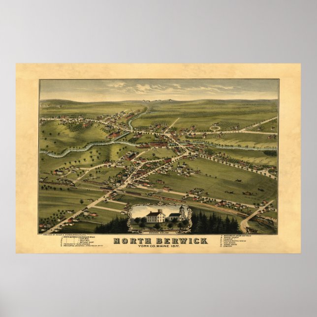 Poster North Berwick ME Panorâmica Birdseye Ver 1877 (Frente)