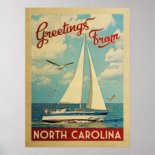 Poster North Carolina Sailboat Vintage Travel (Frente)