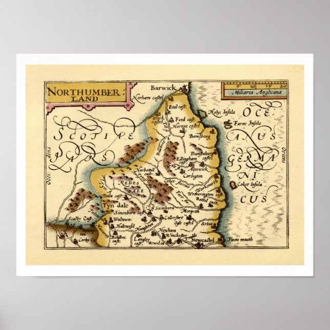 Poster Northumberland County England Antigo Mapa Antiquár (Frente)