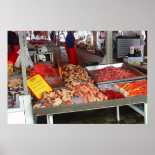 Poster Noruega, Bergen, mercado de peixes no beira-rio