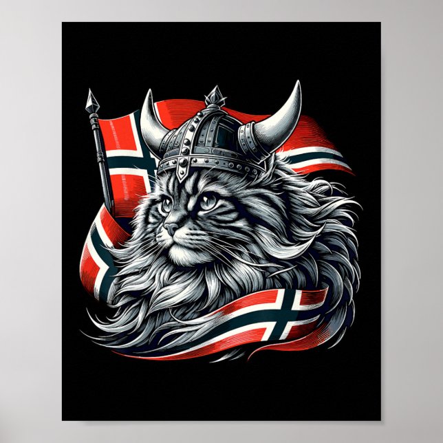 Poster Norueguês de Cat Viking Norway Flag (Frente)