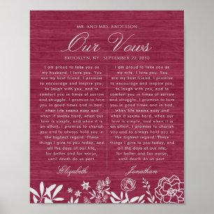Poster Nosso Casamento Vows Burgundy Floral Wood Aniversá
