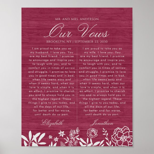 Poster Nosso Casamento Vows Burgundy Floral Wood Aniversá (Frente)
