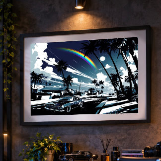 Poster Nostalgic Blue American Car Palms Man Cave Art