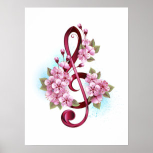 Poster Notas de clave de trecho musical com flores de Sak