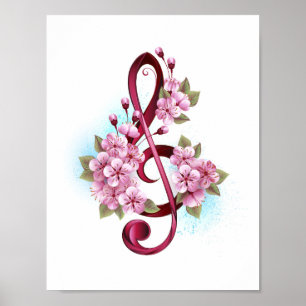 Poster Notas de clave de trecho musical com flores de Sak