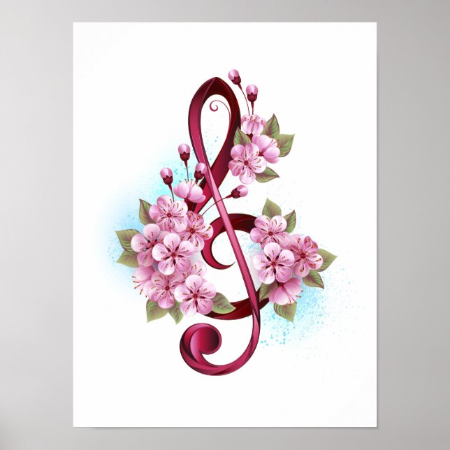 Poster Notas de clave de trecho musical com flores de Sak (Frente)