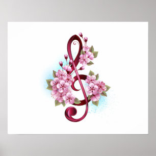 Poster Notas de clave de trecho musical com flores de Sak