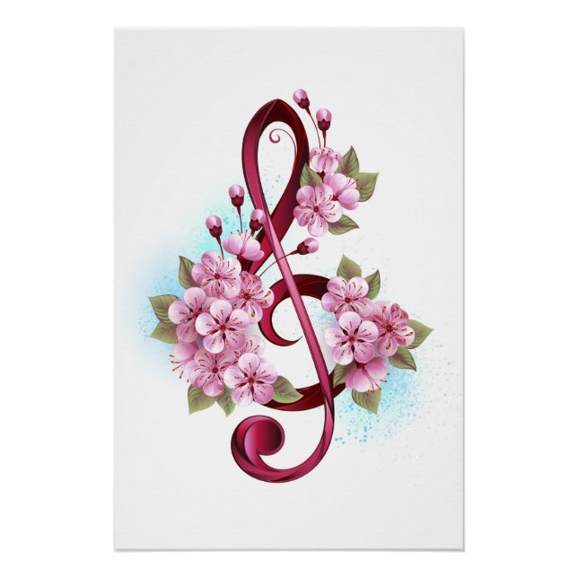 Pôster Notas musicais em clave de sol com flores de Sakur (Frente)