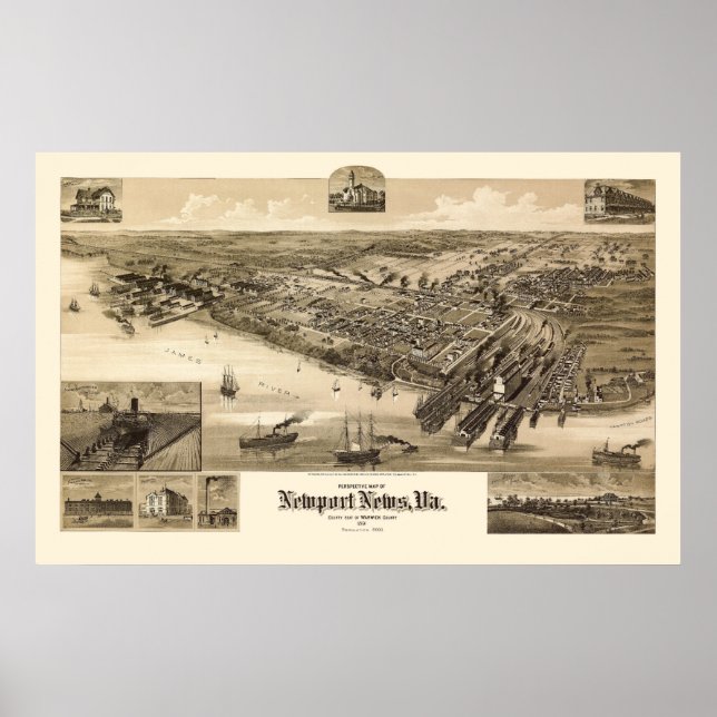 Poster Notícias do Newport, Mapa Panorâmico do VA - 1891 (Frente)