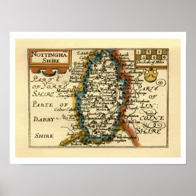 Poster Nottinghamshire County England Antigo Mapa Antiquá (Frente)