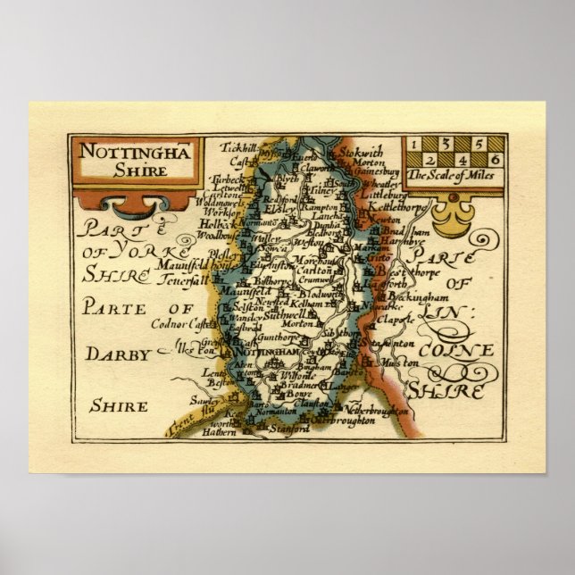 Poster Nottinghamshire County England Antigo Mapa Antiquá (Frente)