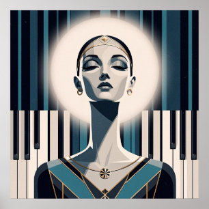 Poster Noturno em Azul-turquesa: Retrato de Piano Art Déc