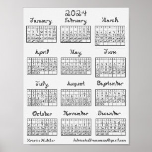 Poster Nova fonte de Tecido de calendário 2024 imprimível