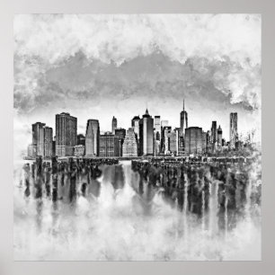 Poster Nova Iorque Manhattan Skyline - preto e branco