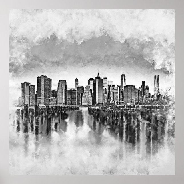 Poster Nova Iorque Manhattan Skyline - preto e branco (Frente)