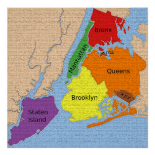 Pôster Nova Iorque Map Boroughs Labels brilhante Poster