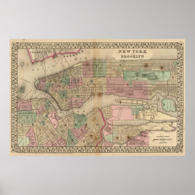 Pôster Nova Iorque, Mapa do Brooklyn por Mitchell (Frente)