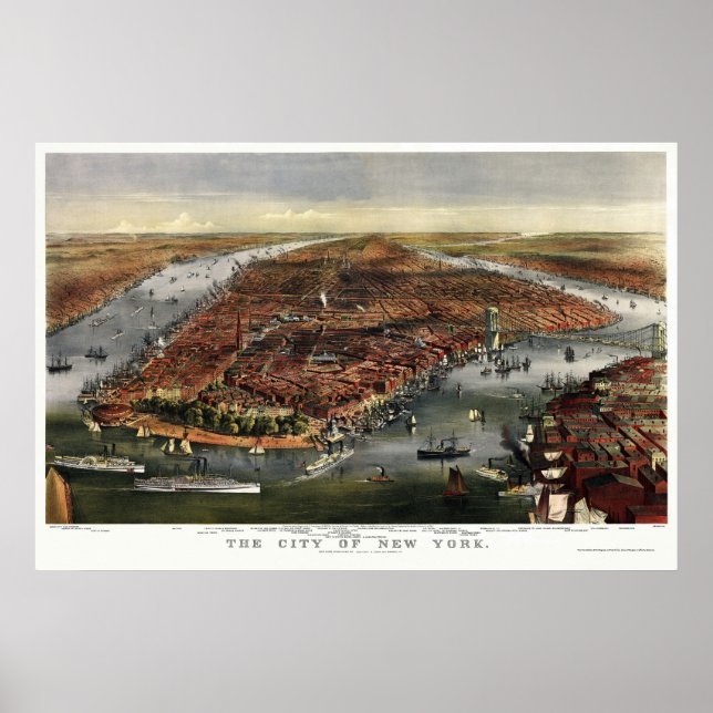 Poster Nova Iorque, Mapa Panorâmico NY - 1870 (Frente)