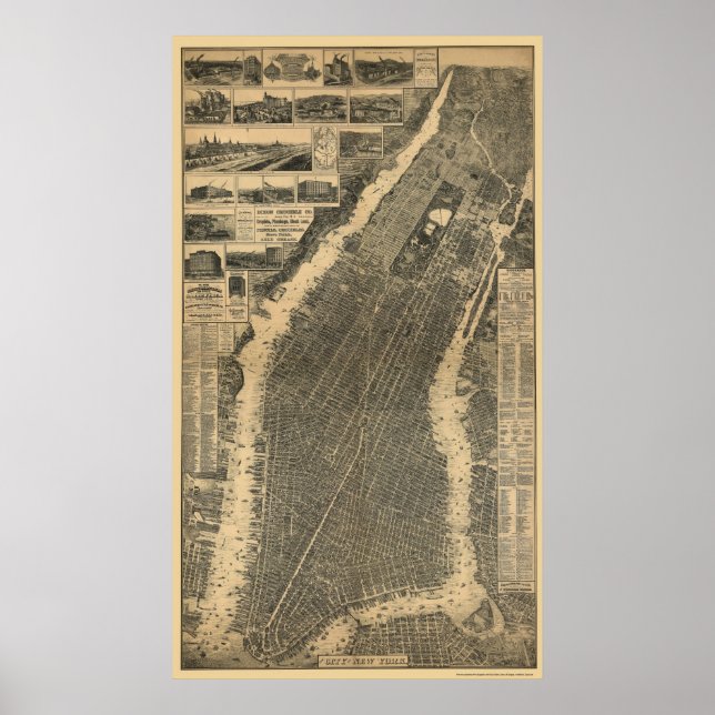 Pôster Nova Iorque, Mapa Panorâmico NY - 1879 (Frente)