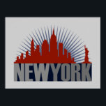 Poster Nova Iorque Skyline<br><div class="desc">O Nova Iorque Skyline design apresenta uma representação gráfica do horizonte de Manhattan e da Estátua da Liberdade com cor vermelha ousada. Abaixo do horizonte e da Lady Liberty, as palavras Nova York estão em uma fonte ousada em duas sombras de cinza, sobre um fundo azul escuro. Atrás do horizonte...</div>