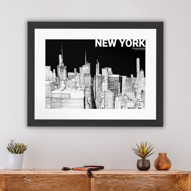 Poster Nova Iorque Skyline Black White Sketch Mate (New York City Skyline Black White Sketch Mate Poster)