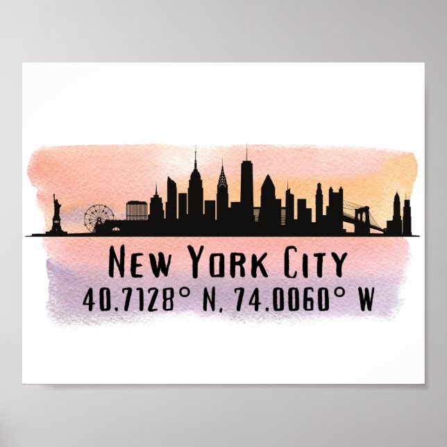 Poster Nova Iorque Skyline Latitude e Longitude (Frente)