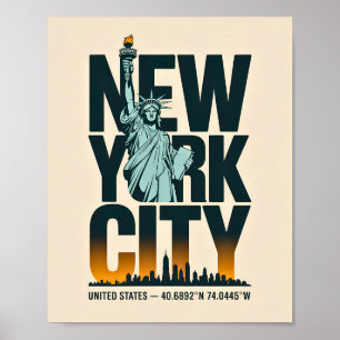 Poster Nova Iorque Typografia Estátua da Liberdade Skylin